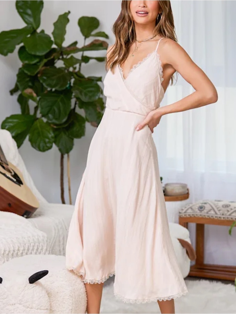 Lulu's Blush Pink Lace-Trim Midi Dress